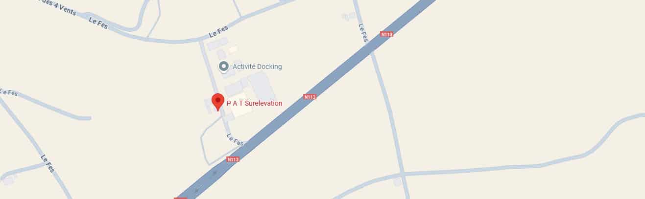 Carte Le Fes : N113, P A T Surelevation & Activité Docking Carte routière détaillant les routes Le Fes, Rues 4 Vents et N113, avec un marqueur sur P A T Surelevation et Activité Docking.