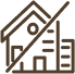 Icône d'une maison et d'un immeuble barrés d'une ligne diagonale, symbolisant l'interdiction de construire ou la non-disponibilité de logements.