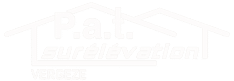 P.a.t. Surélévation VERGEZE : Votre projet d'agrandissement Logo Pat surélévation VERGEZE : inscription blanche 'P.a.t. surélévation' dans le contour d'une maison, 'VERGEZE' en dessous.